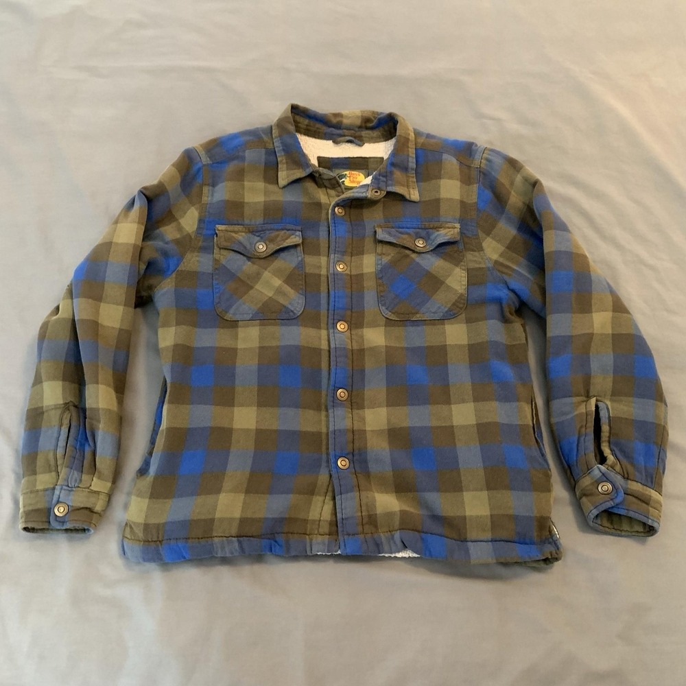 Bass Pro Shops Shirt Jacket Boys XL 14/16 Green Blue Plaid Flannel Sherpa Lined